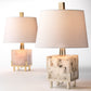 Jamie Young Bijou 11" x 17" 1-Light Pink Quartz & Gold Leaf Metal Table Lamp With White Linen Cone Shade