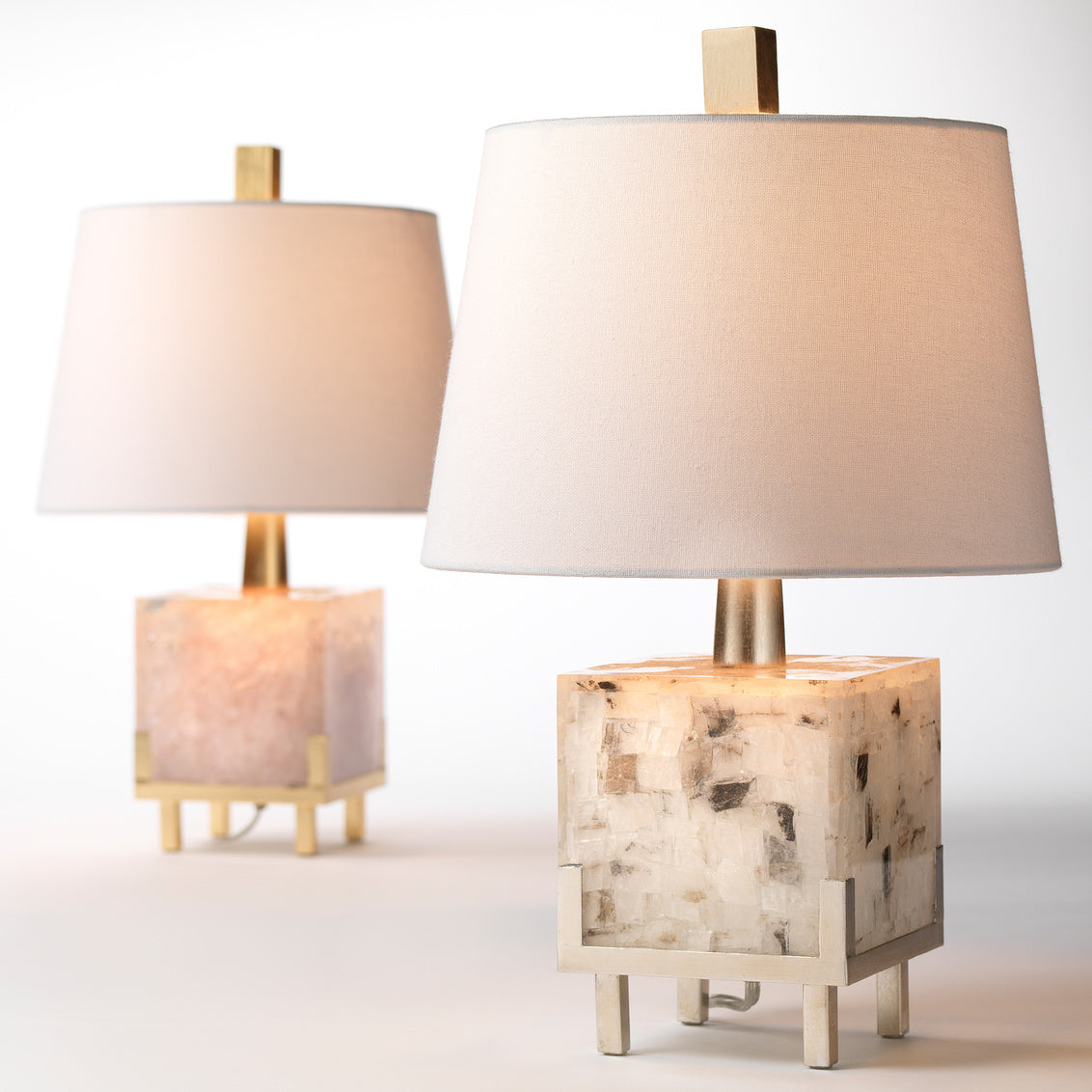 Jamie Young Bijou 11" x 17" 1-Light Pink Quartz & Gold Leaf Metal Table Lamp With White Linen Cone Shade