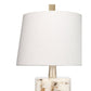 Jamie Young Bijou 11" x 17" 1-Light White & Grey Calcite, Champagne Leaf Metal Table Lamp With White Linen Cone Shade