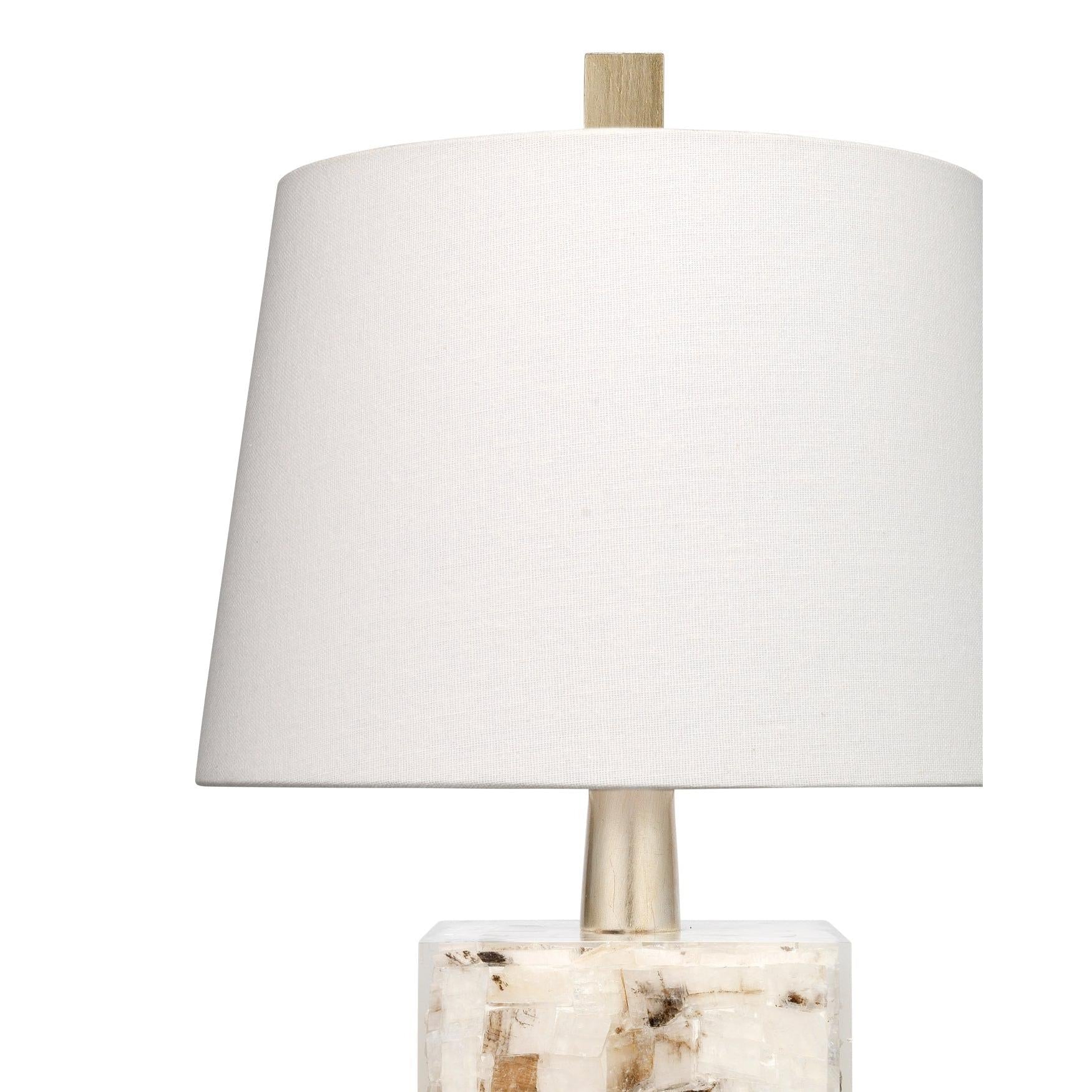 Jamie Young Bijou 11" x 17" 1-Light White & Grey Calcite, Champagne Leaf Metal Table Lamp With White Linen Cone Shade