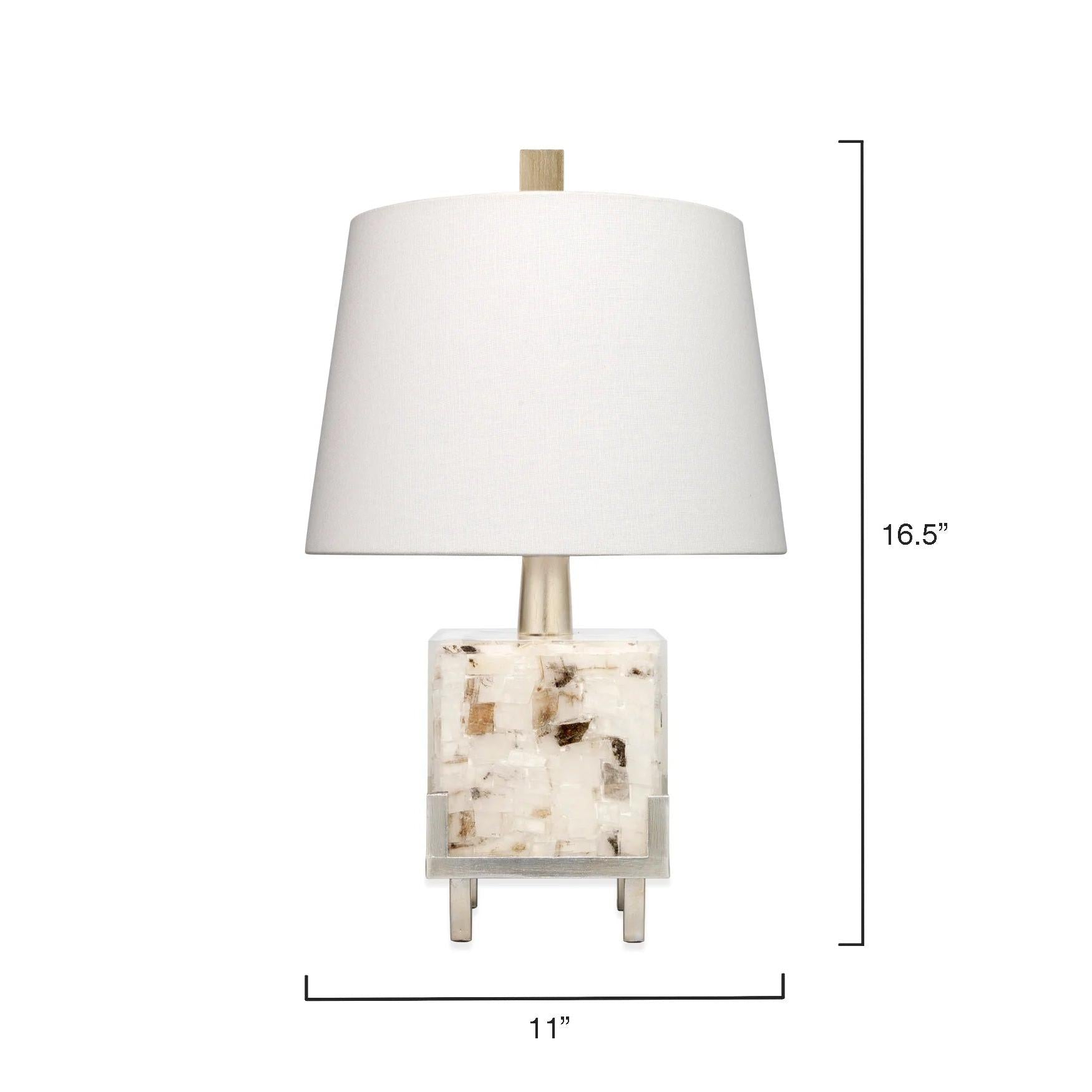 Jamie Young Bijou 11" x 17" 1-Light White & Grey Calcite, Champagne Leaf Metal Table Lamp With White Linen Cone Shade