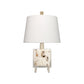 Jamie Young Bijou 11" x 17" 1-Light White & Grey Calcite, Champagne Leaf Metal Table Lamp With White Linen Cone Shade