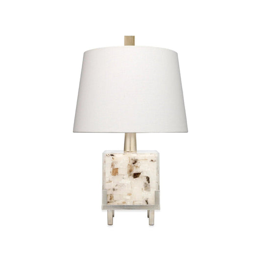 Jamie Young Bijou 11" x 17" 1-Light White & Grey Calcite, Champagne Leaf Metal Table Lamp With White Linen Cone Shade