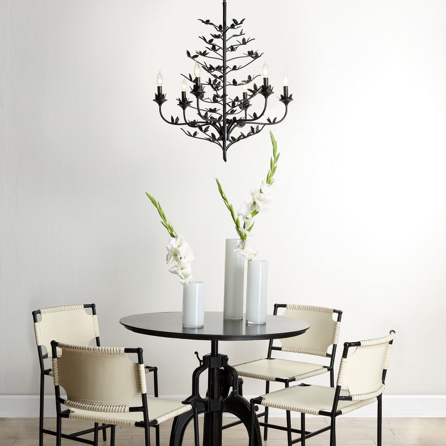 Jamie Young Blooming 30" 6-Light Black Iron Foliage Chandelier