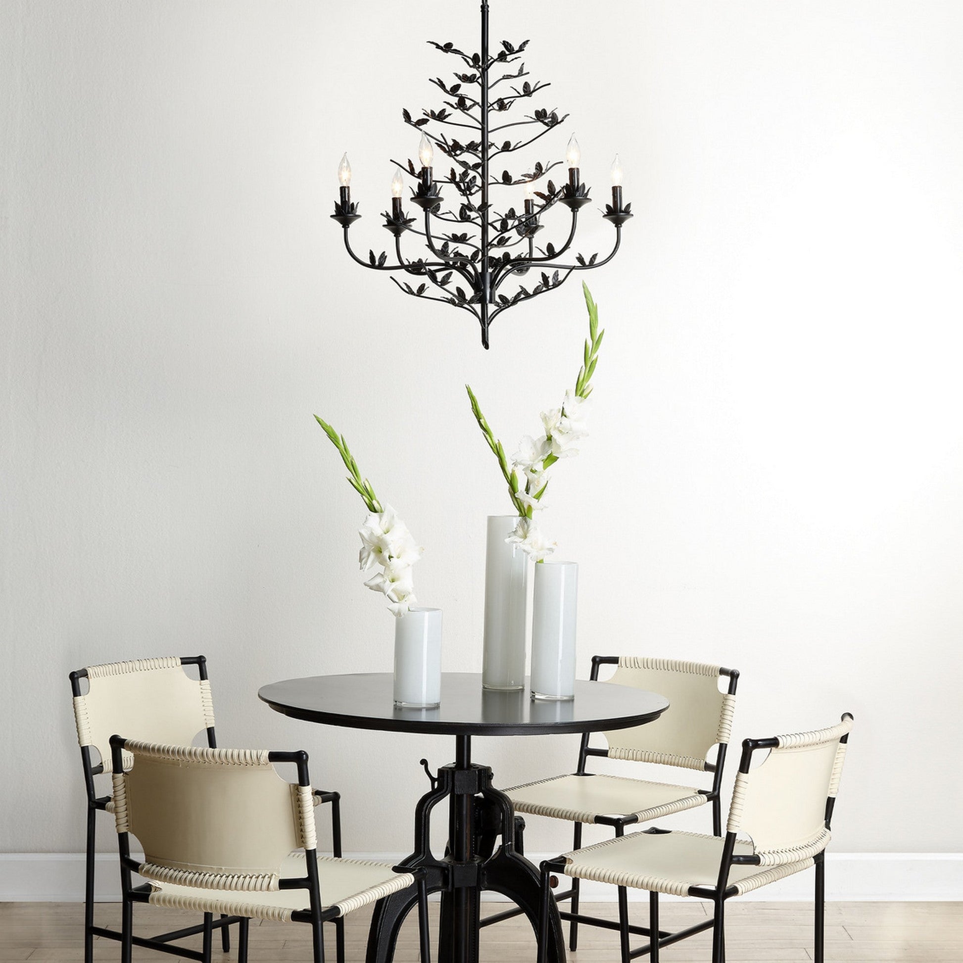 Jamie Young Blooming 30" 6-Light Black Iron Foliage Chandelier