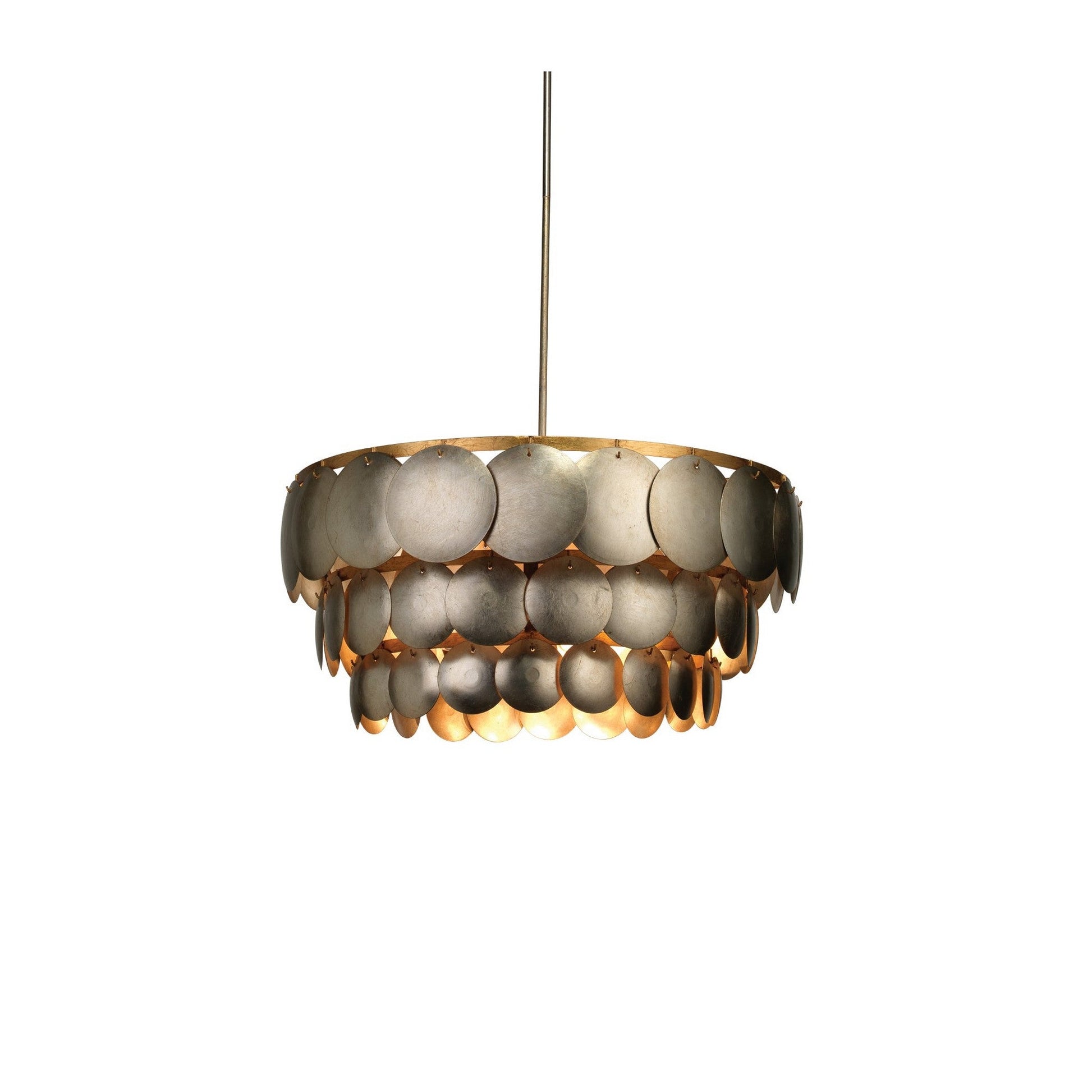 Jamie Young Calypso 30" 4-Light Champagne Leaf Chandelier With 3-Tier Metal Disks Shade