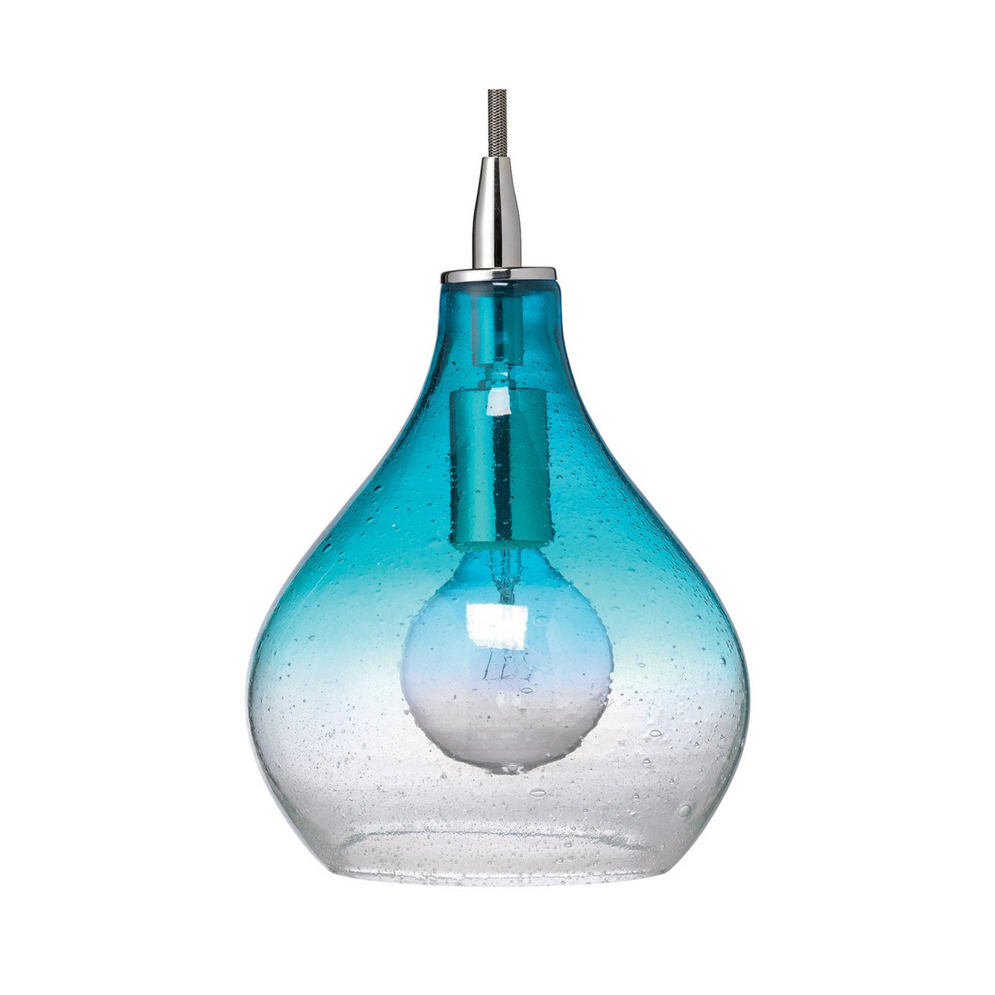 Jamie Young Curved 7" 1-Light Handblown Aqua Seeded Glass Pendant Light