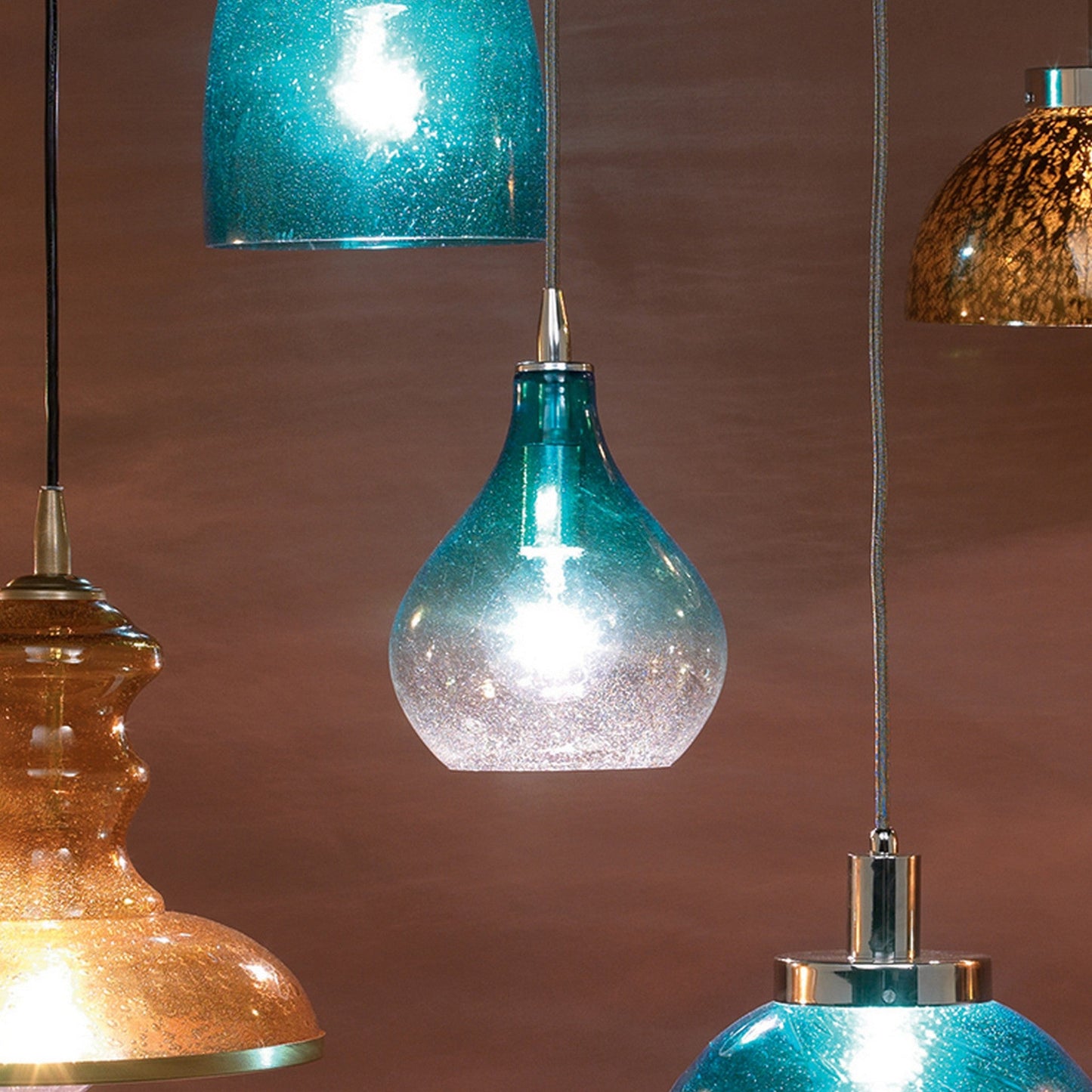 Jamie Young Curved 7" 1-Light Handblown Aqua Seeded Glass Pendant Light