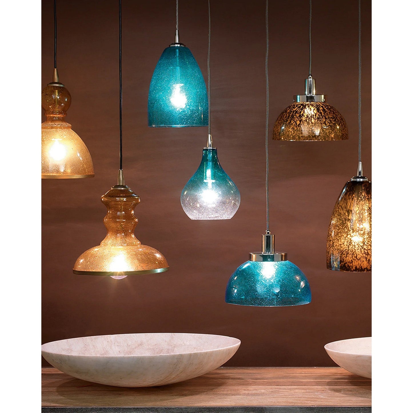 Jamie Young Curved 7" 1-Light Handblown Aqua Seeded Glass Pendant Light