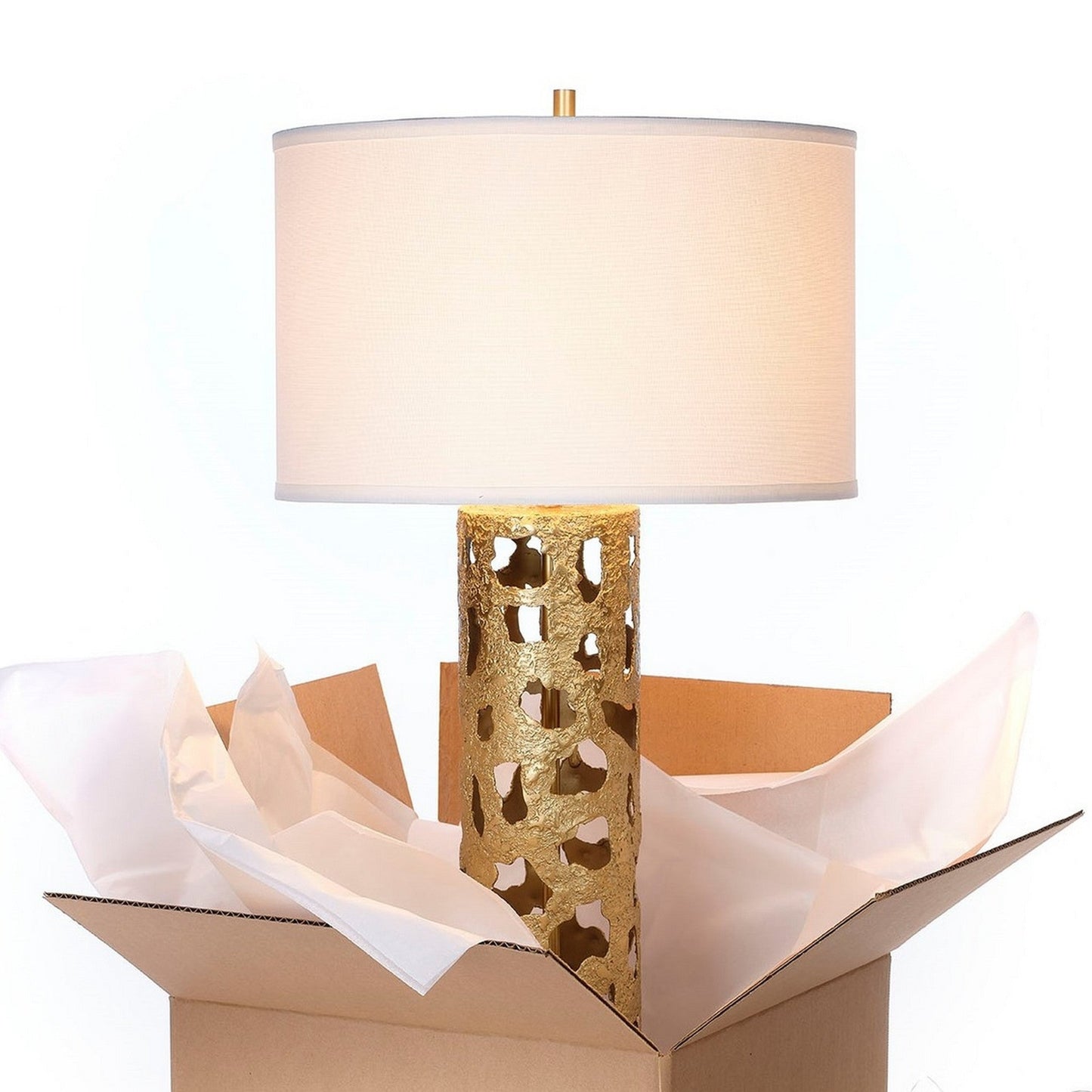 Jamie Young Firenze 16" x 29" 1-Light Antique Gold Leaf Table Lamp With White Linen Drum Shade