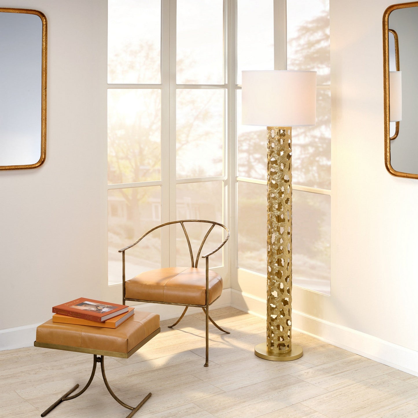 Jamie Young Firenze 18" x 71" 1-Light Soft Antique Gold Leaf Floor Lamp With White Linen Drum Shade