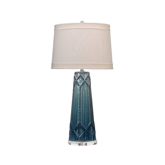 Jamie Young Hobnail 17" x 35" 1-Light Teal Ceramic Table Lamp With Linen Tapered Shade