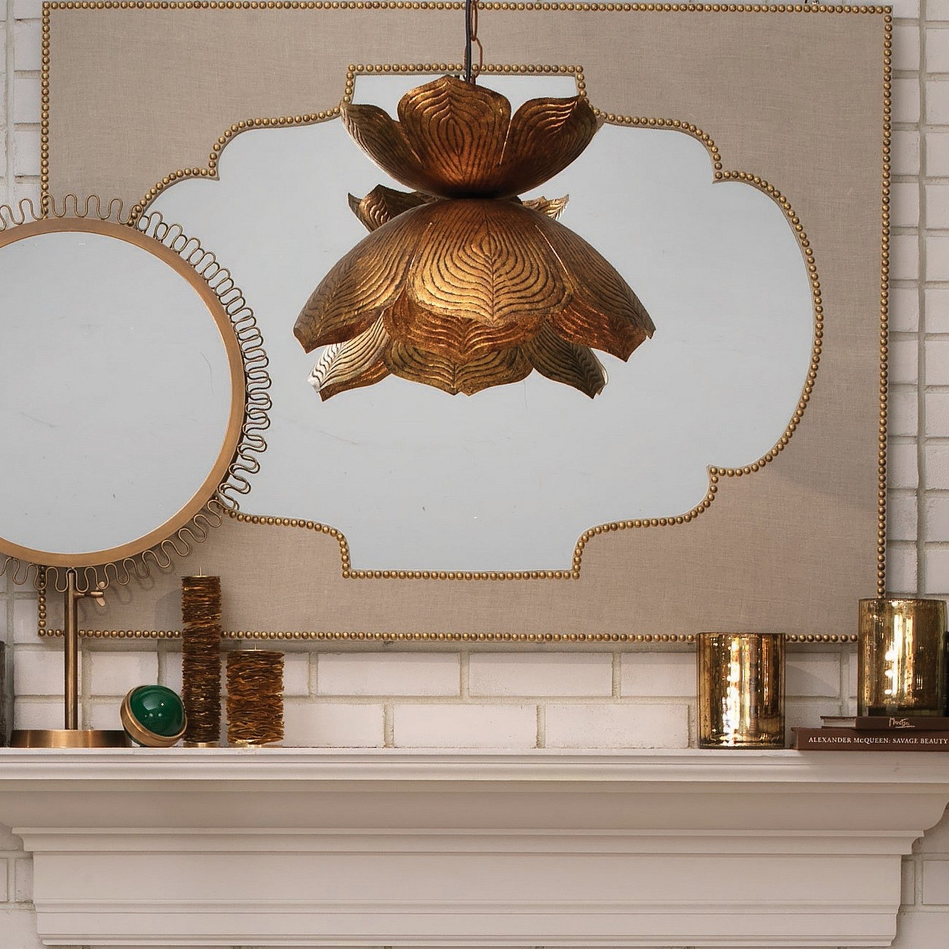 Jamie Young Lotus 20" 1-Light Antique Gold Flower Pendant Light