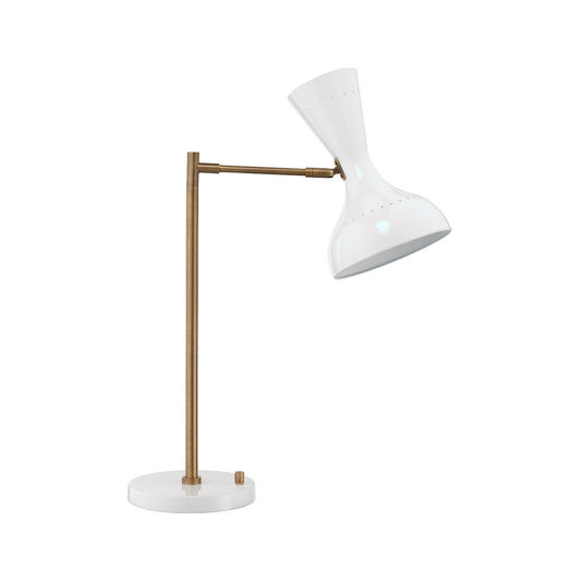 Jamie Young Pisa 20" x 27" 2-Light White and Antique Brass Swing-Arm Table Lamp With Hourglass-Shaped Hood