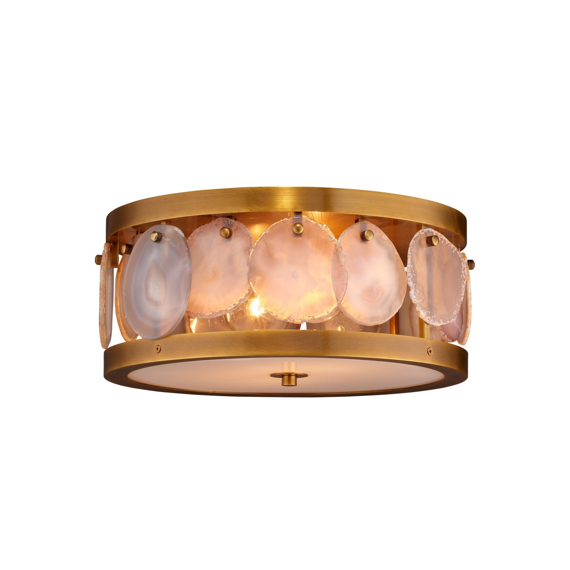 Jamie Young Upsala 15" 2-Light Natural Agate Stones and Antique Brass Flush Mount Light With Acrylic Diffuser