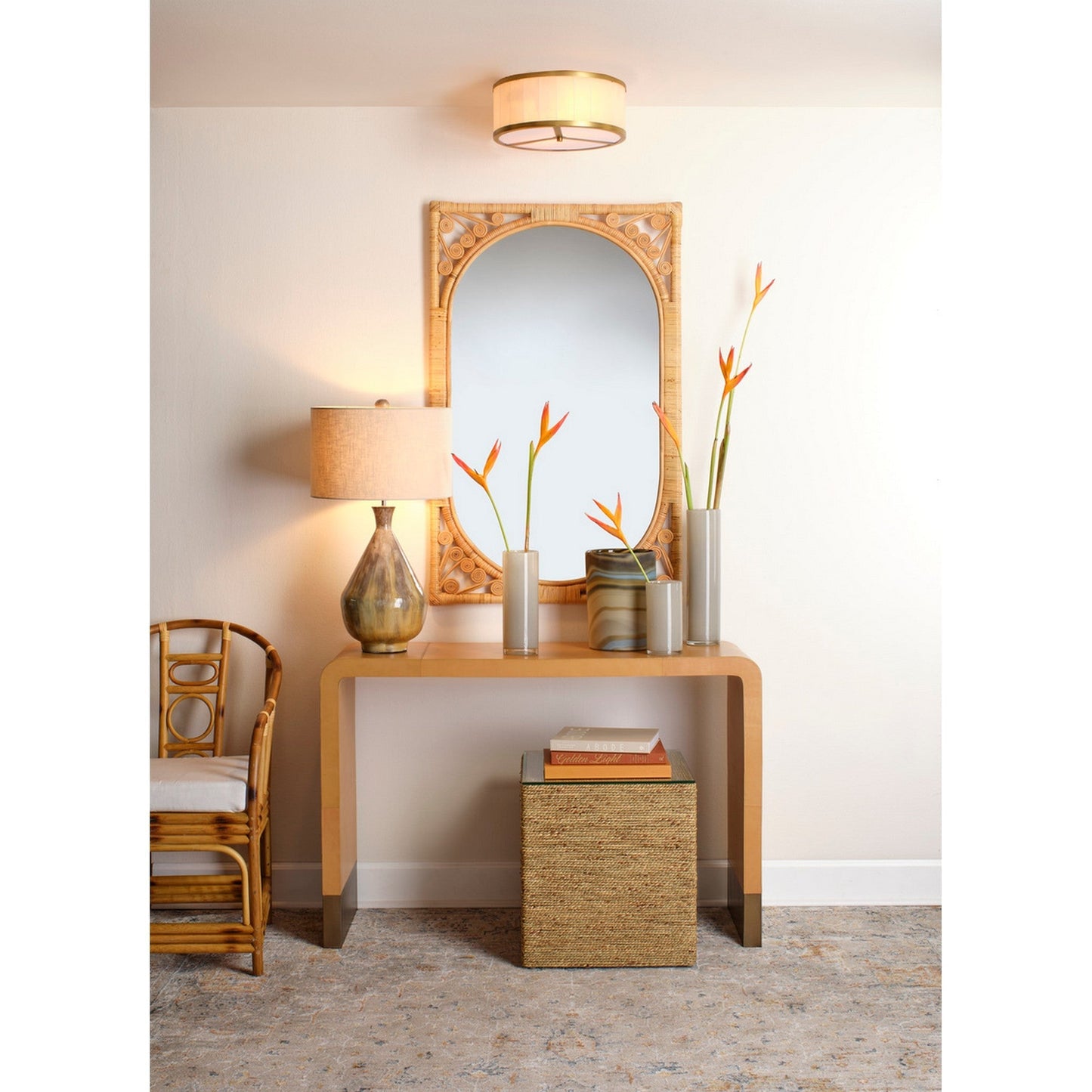 Jamie Young Upsala 15" 2-Light White Alabaster and Antique Brass Flush Mount Light With Acrylic Diffuser