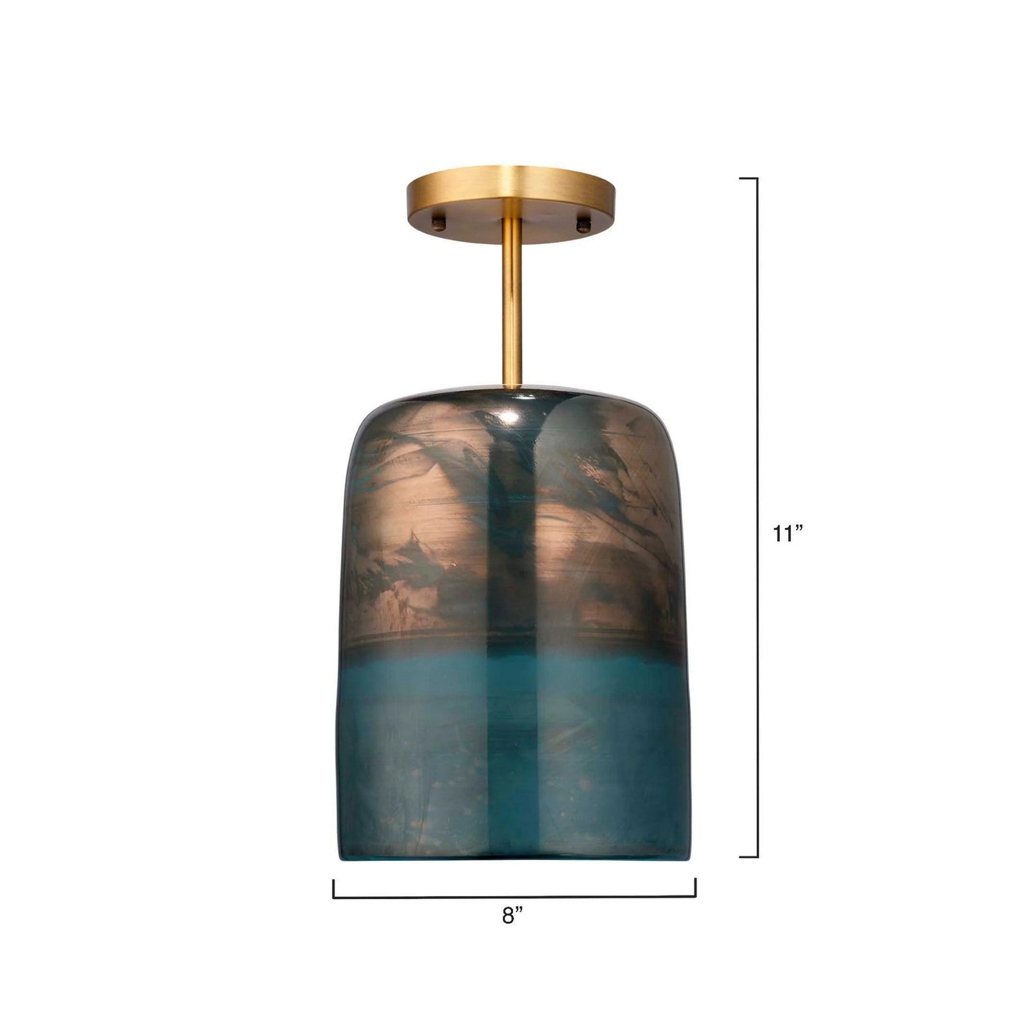 Jamie Young Vapor 8" 1-Light Antique Brass Semi-Flush Mount Light With Aqua Metallic Inverted Glass Shade