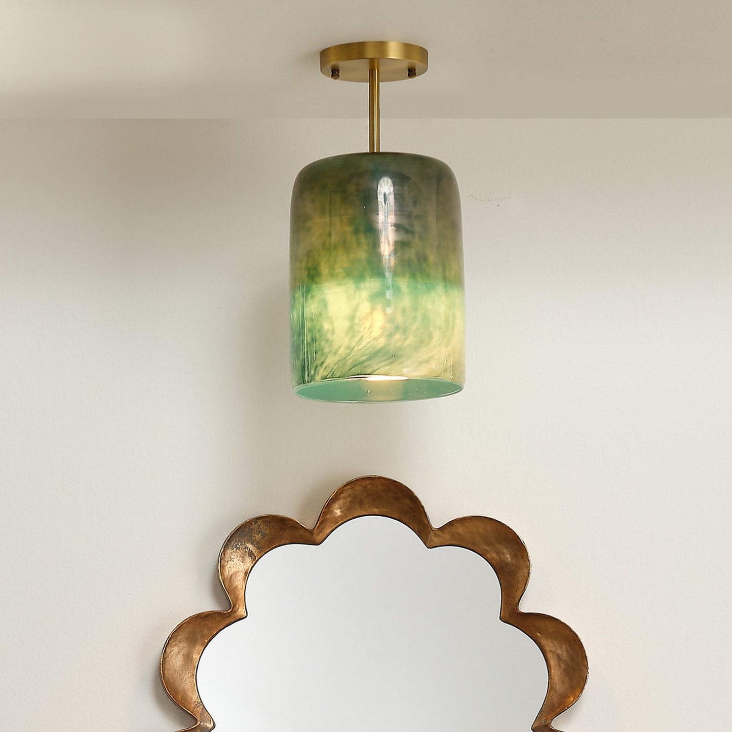 Jamie Young Vapor 8" 1-Light Antique Brass Semi-Flush Mount Light With Aqua Metallic Inverted Glass Shade