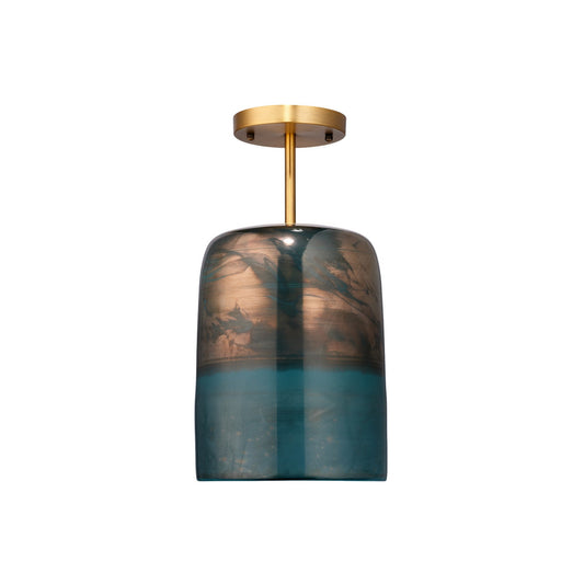 Jamie Young Vapor 8" 1-Light Antique Brass Semi-Flush Mount Light With Aqua Metallic Inverted Glass Shade