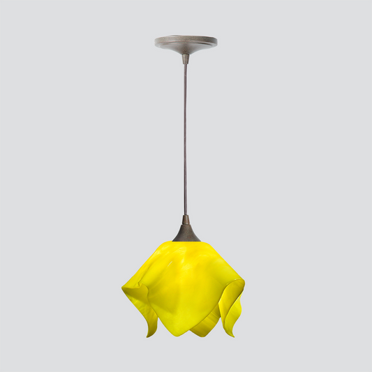 Jezebel Gallery Flame Radiance 9" x 7" Small Canary Yellow Pendant Light With Brown Hardware