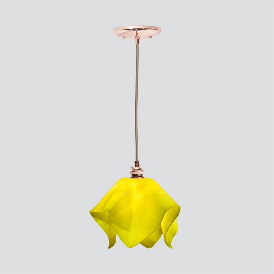 Jezebel Gallery Flame Radiance 9" x 7" Small Canary Yellow Pendant Light With Copper Hardware