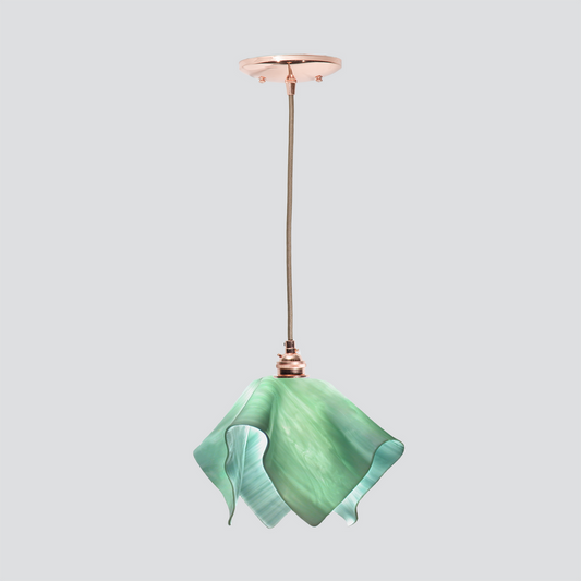 Jezebel Gallery Flame Radiance 9" x 7" Small Seafoam Green Pendant Light With Copper Hardware