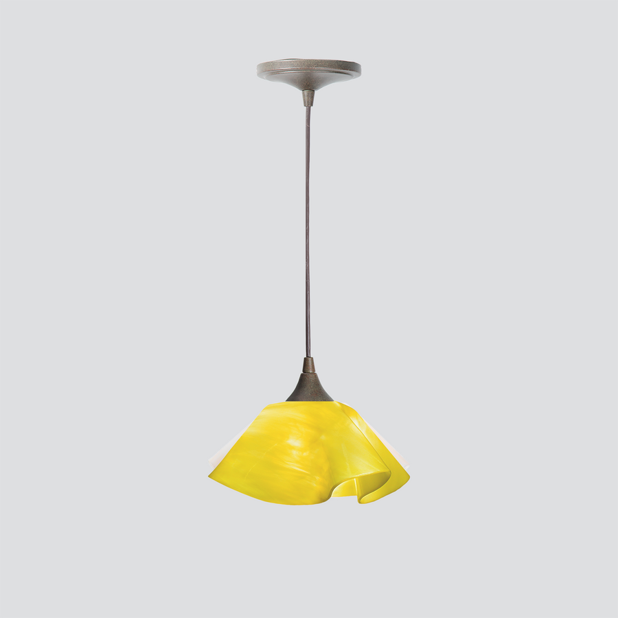 Jezebel Gallery Lily Radiance 9" x 5" Small Canary Yellow Pendant Light With Brown Hardware