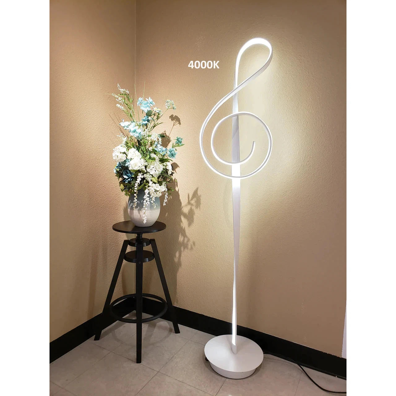 Lifegard Lighting LED Music Note Dimmable 4000K Controlled with Remote Silver Base with Silver Music Note Back On LED Floor Lamp