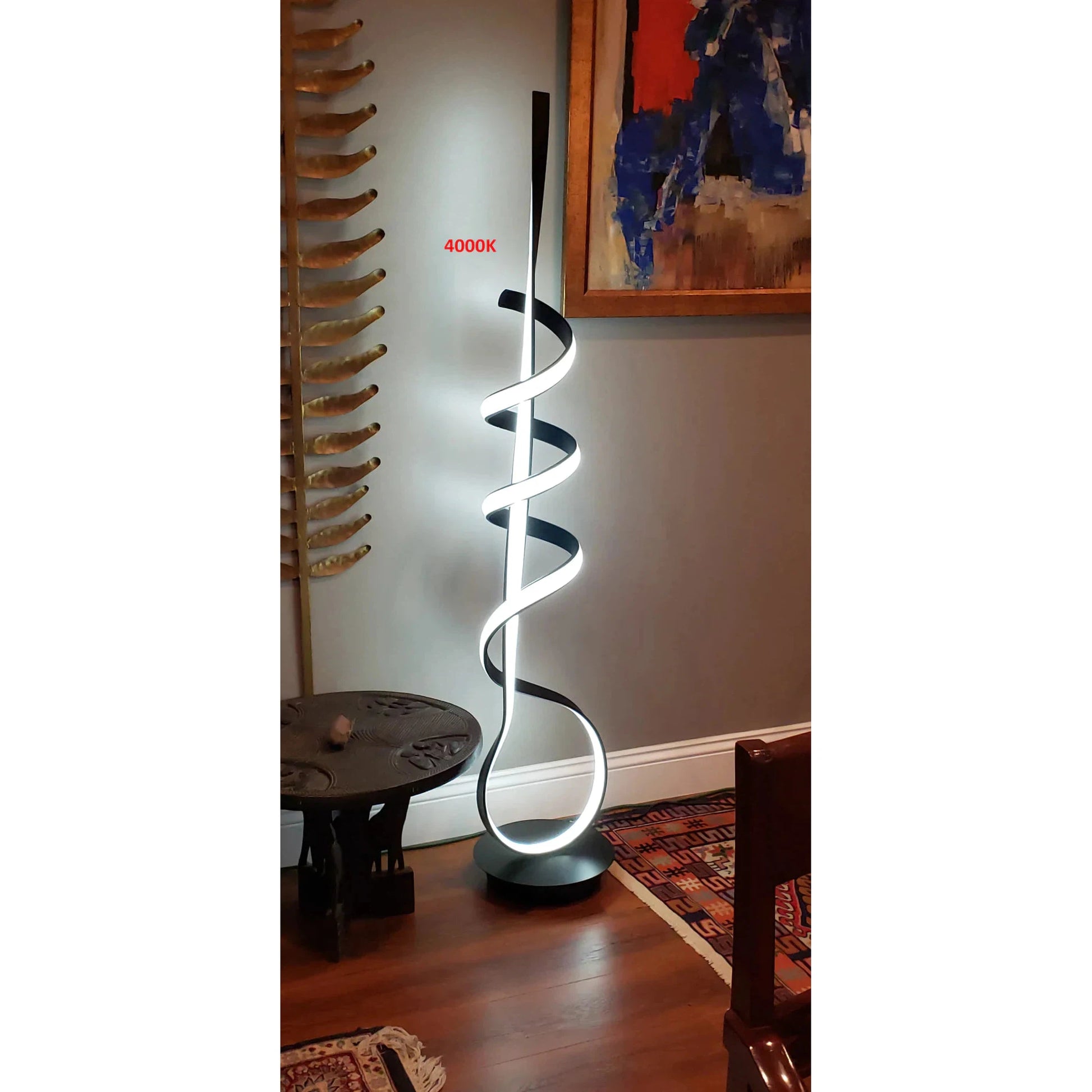 Lifegard Lighting LED Spiral Dimmable 4000K Controlled with Remote Black Base with Black Spiral Back On LED Floor Lamp