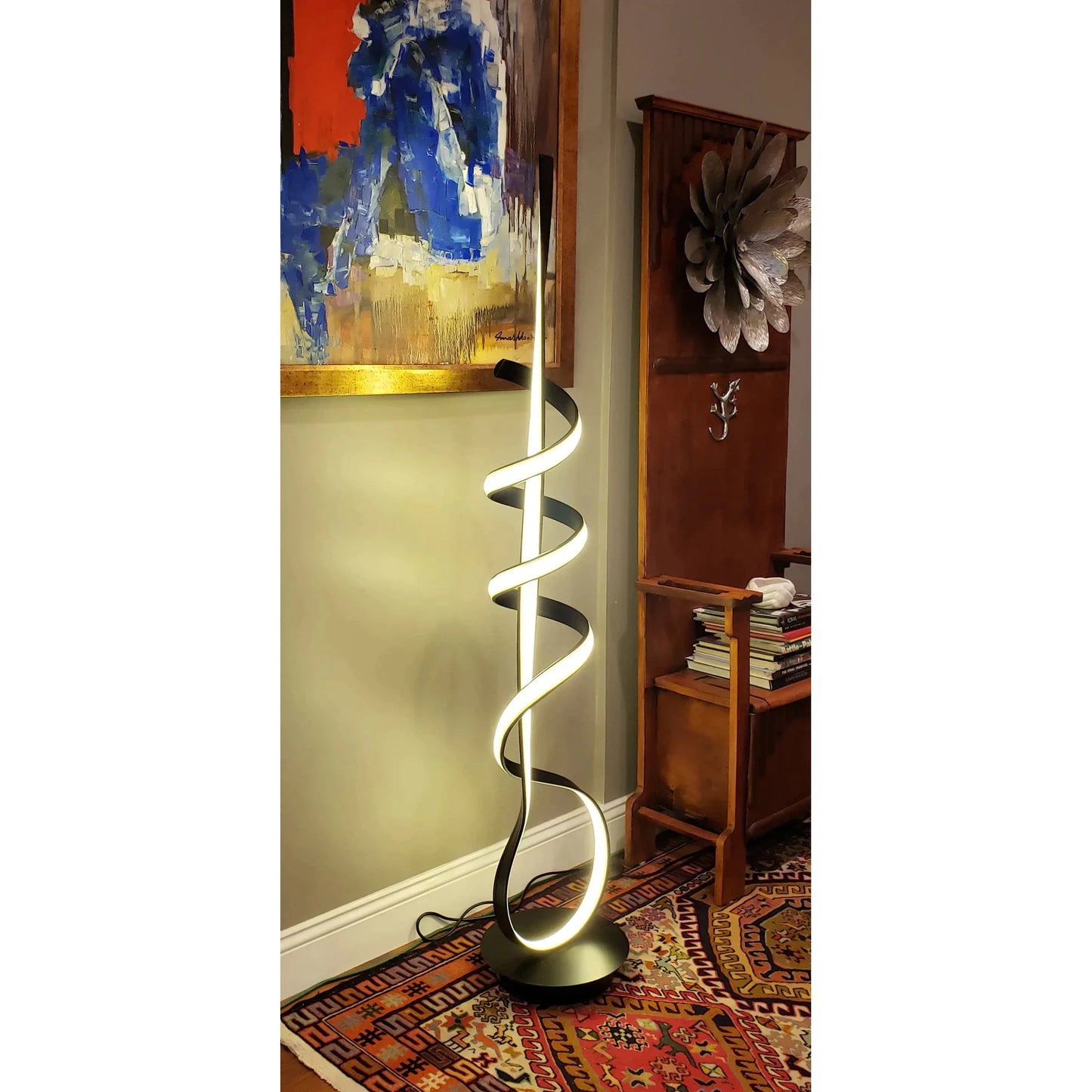 Lifegard Lighting LED Spiral Dimmable 4000K Controlled with Remote Black Base with Black Spiral Back On LED Floor Lamp
