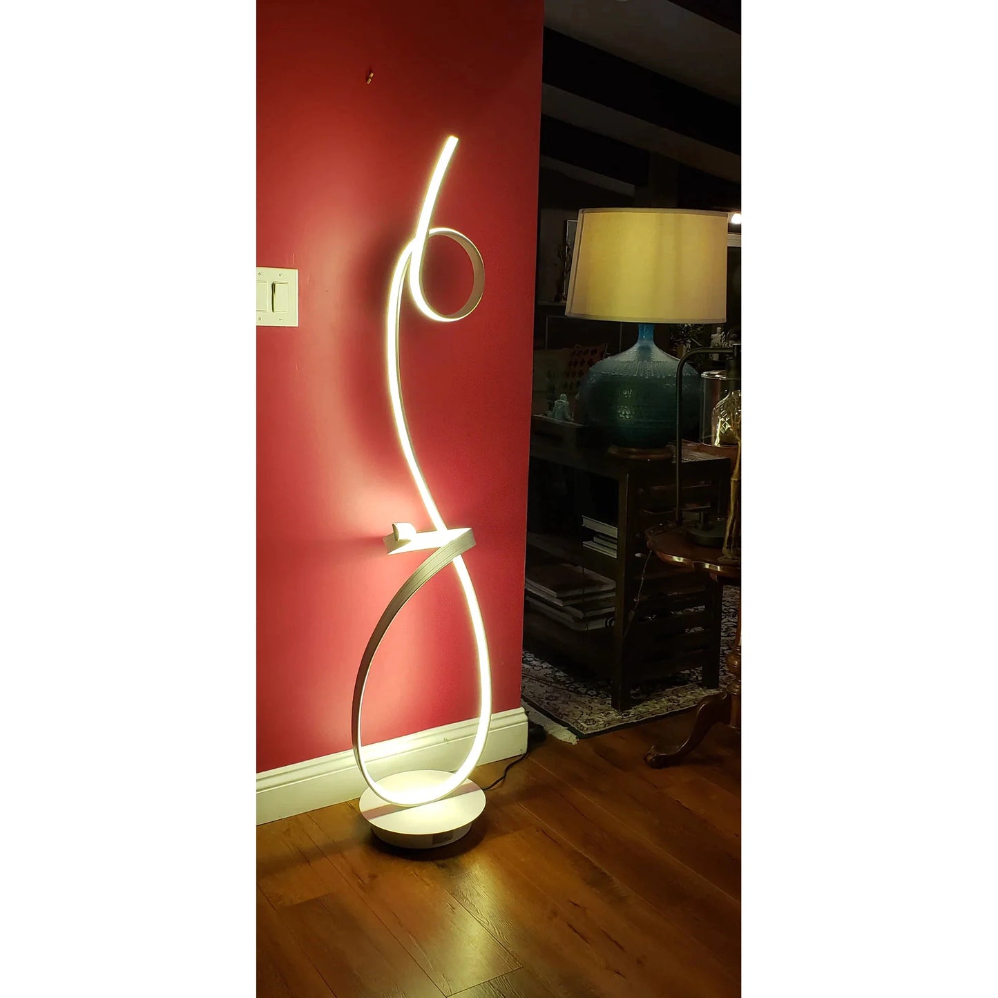 Lifegard Lighting LED Spiral Dimmable 4000K Controlled with Remote White Base with White Spiral Back On LED Floor Lamp