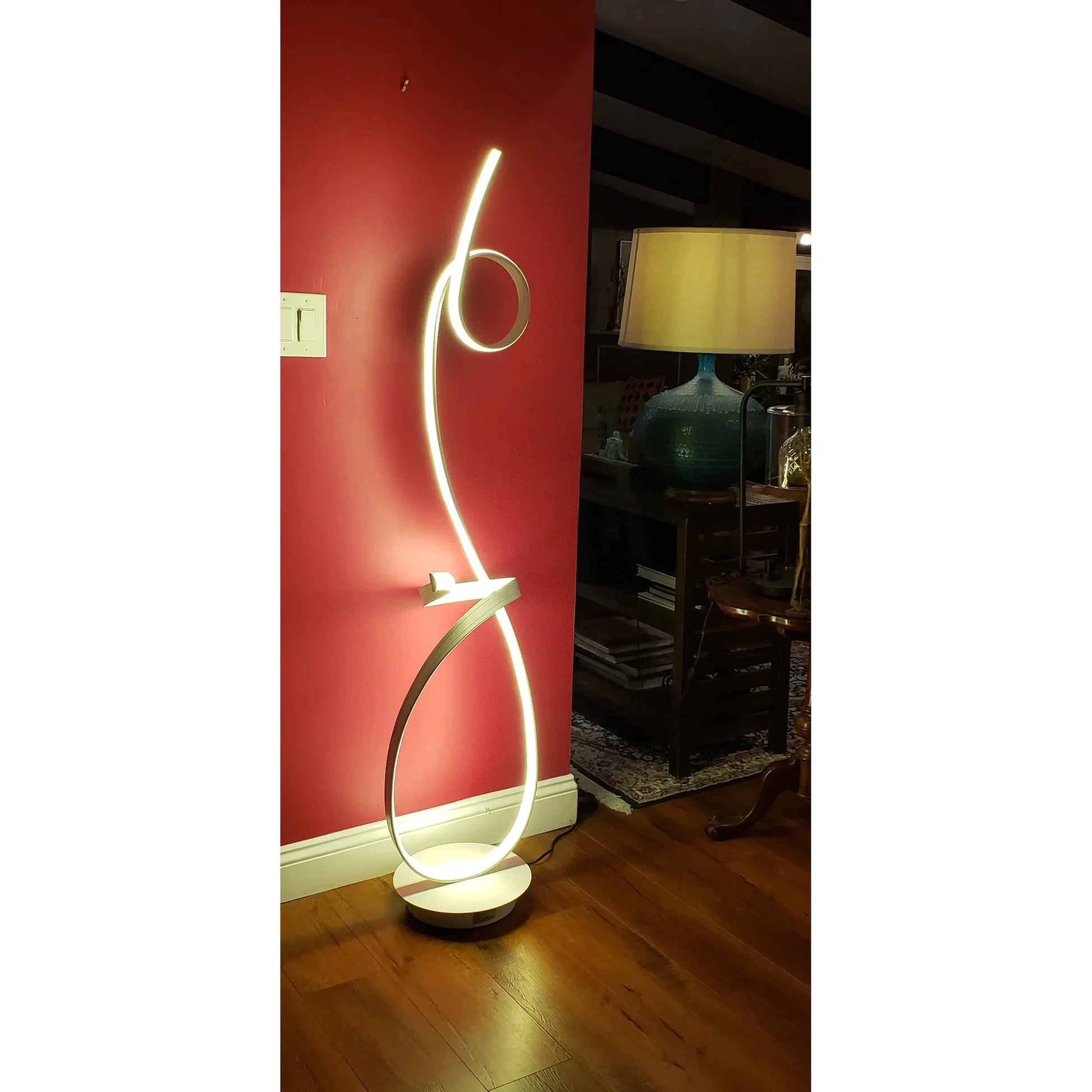 Lifegard Lighting LED Spiral Dimmable 4000K Controlled with Remote White Base with White Spiral Back On LED Floor Lamp