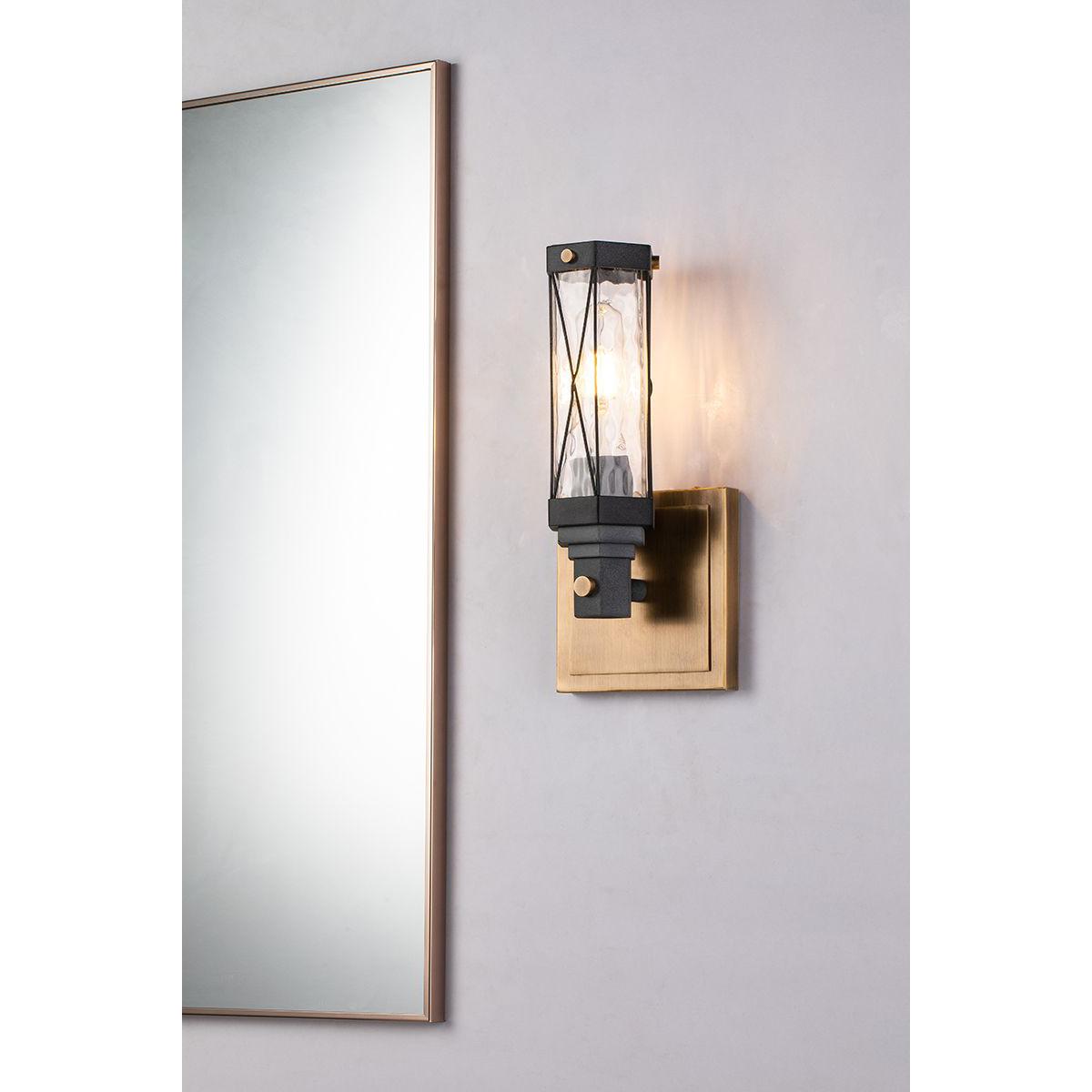 Lucas & McKearn Abbey 1-Light Aged Brass & Black Wall Light With Cylinder Shape Water Glass Shade