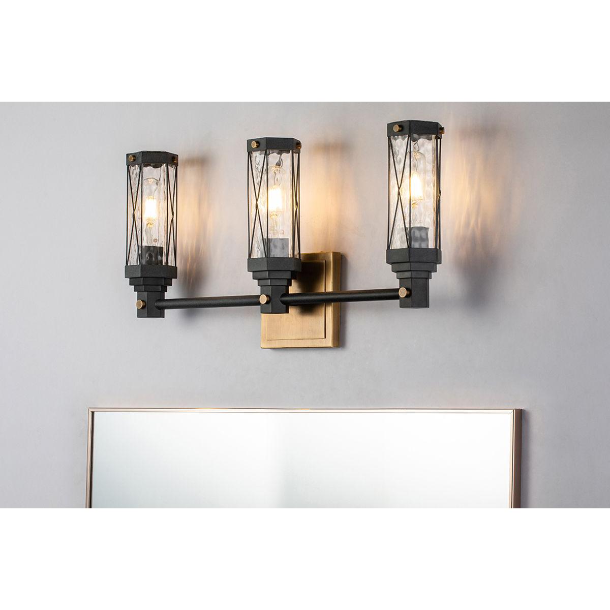 Lucas & McKearn Abbey 3-Light Aged Brass & Black Wall Light With Cylinder Shape Water Glass Shade