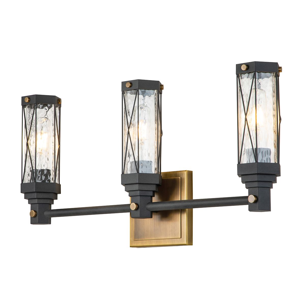 Lucas & McKearn Abbey 3-Light Aged Brass & Black Wall Light With Cylinder Shape Water Glass Shade