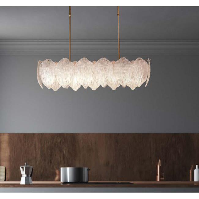 Lucas & McKearn Acanthus 9-Light Antique Brass Large Pendant With Oval-Shaped Etched Glass Leaf Shade