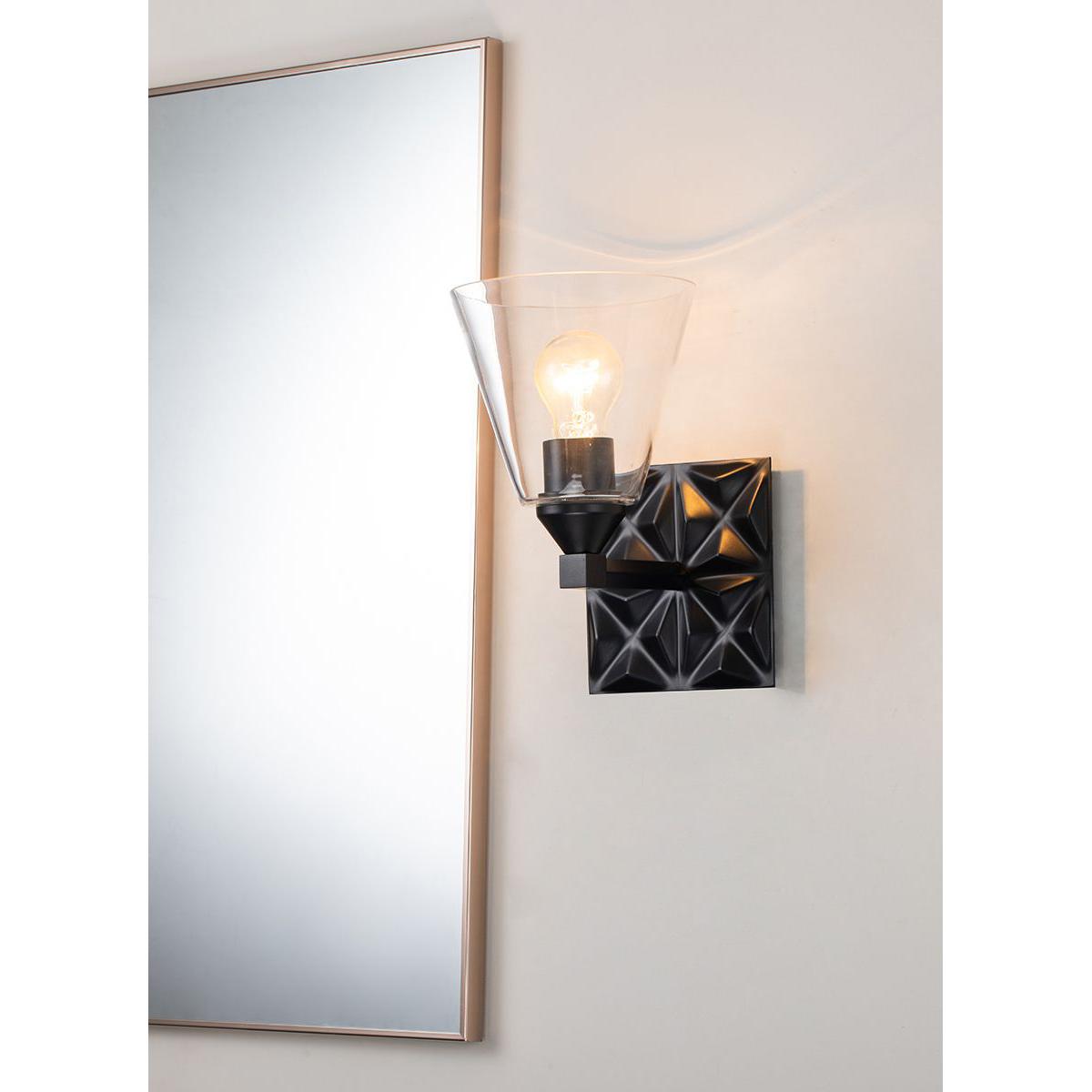 Lucas & McKearn Alpha 1-Light Matte Black Wall Light With Cone Shape Clear Glass Shade