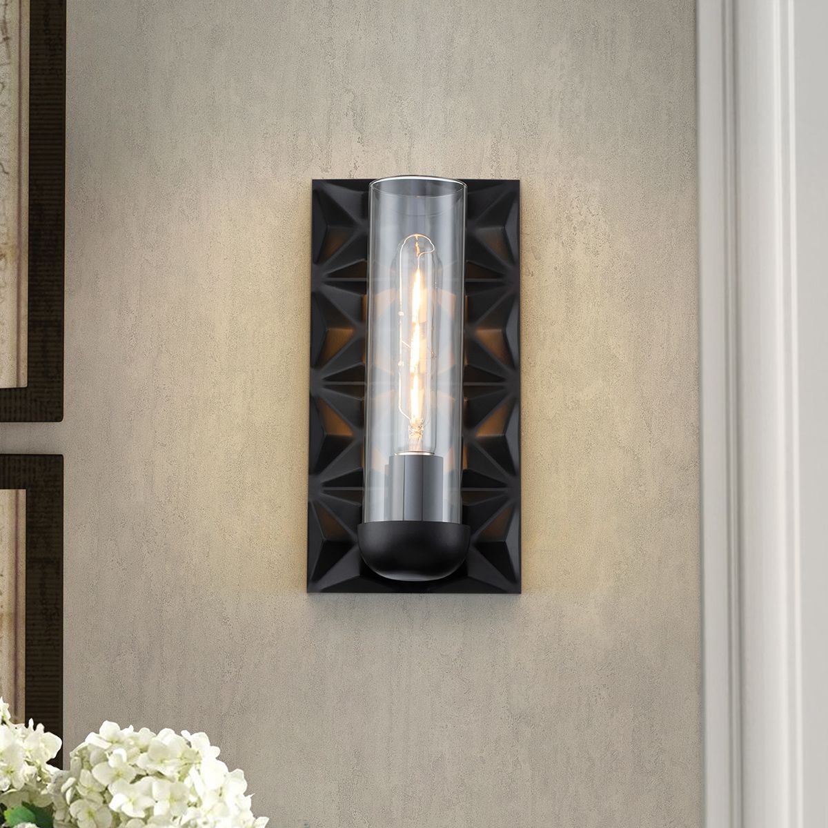 Lucas & McKearn Alpha 1-Light Matte Black Wall Sconce With Glass Candle Cover