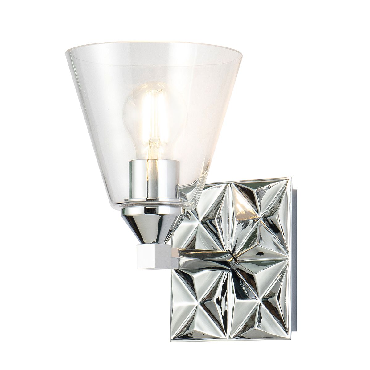Lucas & McKearn Alpha 1-Light Polished Chrome Wall Light With Cone Shape Clear Glass Shade