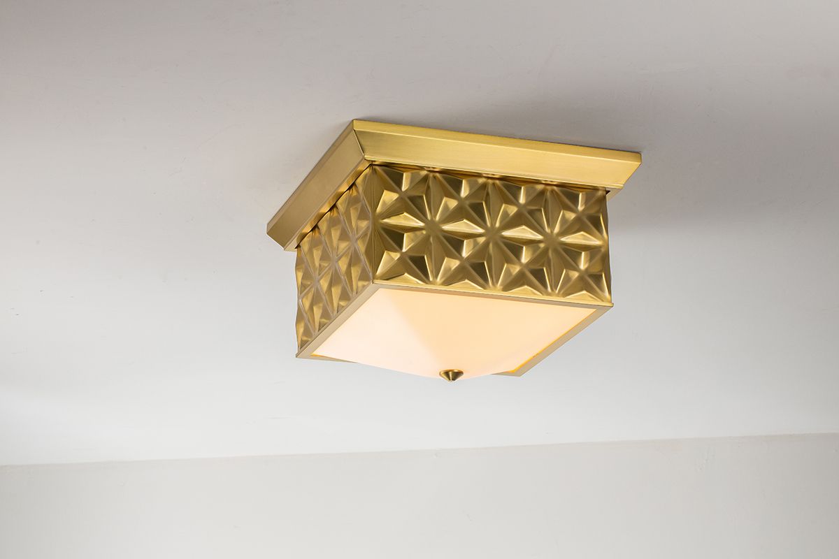 Lucas & McKearn Alpha 15" Square Aged Brass Flush Mount Lighting With Creamy White Glass Shade