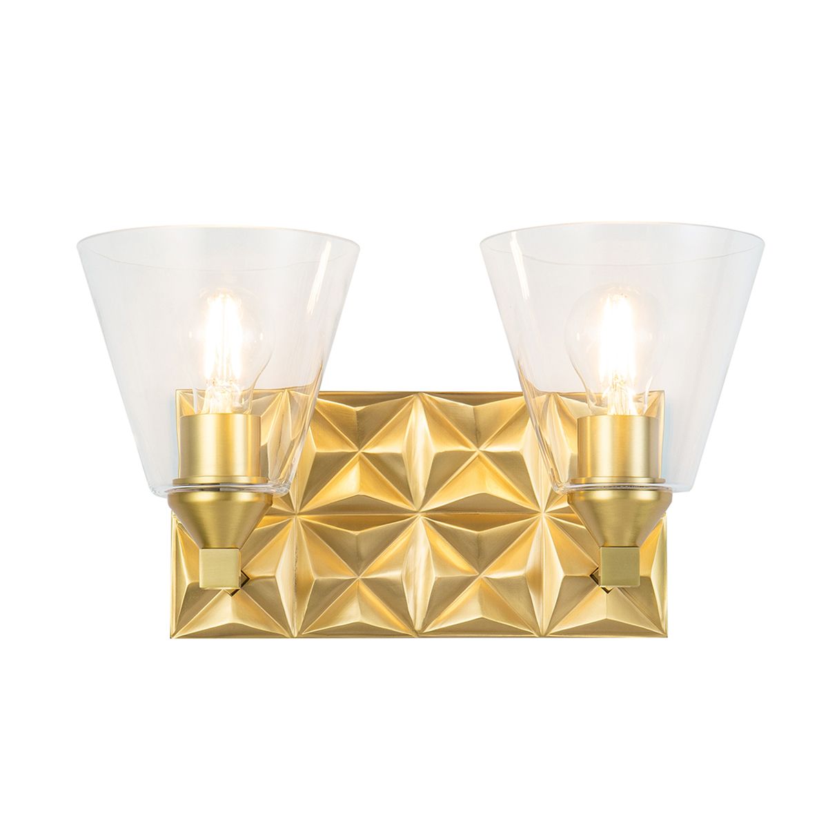 Lucas & McKearn Alpha 2-Light Aged Brass Wall Light With Cone Shape Clear Glass Shade