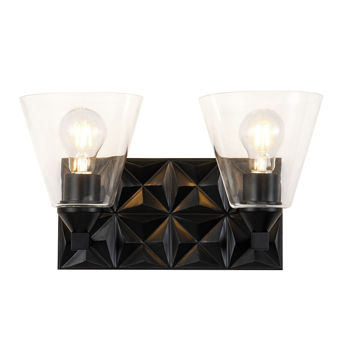 Lucas & McKearn Alpha 2-Light Matte Black Wall Light With Cone Shape Clear Glass Shade