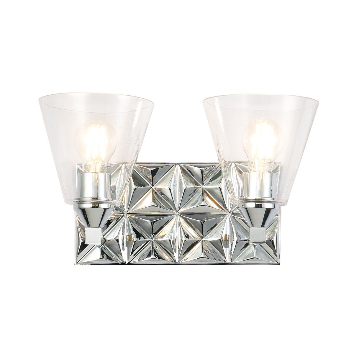 Lucas & McKearn Alpha 2-Light Polished Chrome Wall Light With Cone Shape Clear Glass Shade