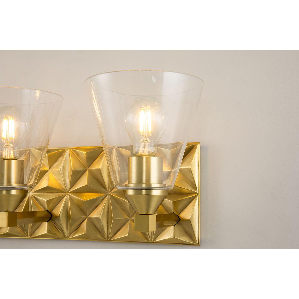 Lucas & McKearn Alpha 3-Light Aged Brass Wall Light With Cone Shape Clear Glass Shade