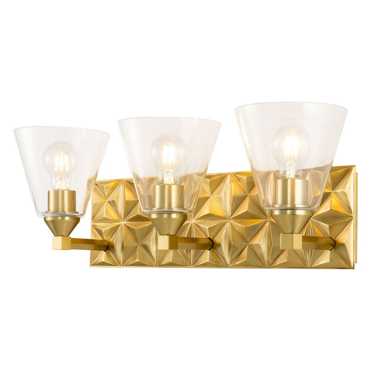 Lucas & McKearn Alpha 3-Light Aged Brass Wall Light With Cone Shape Clear Glass Shade