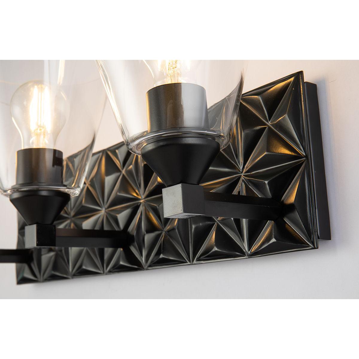 Lucas & McKearn Alpha 3-Light Matte Black Wall Light With Cone Shape Clear Glass Shade