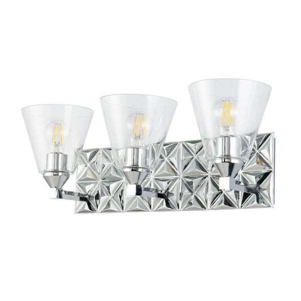 Lucas & McKearn Alpha 3-Light Polished Chrome Wall Light With Cone Shape Clear Glass Shade