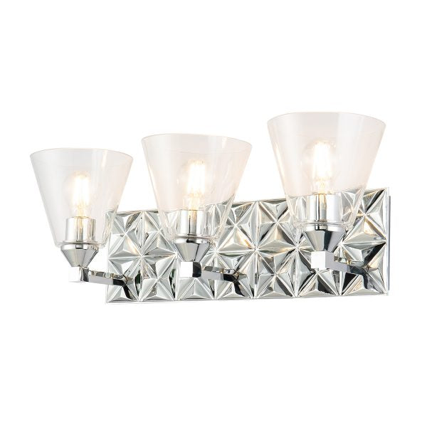 Lucas & McKearn Alpha 3-Light Polished Chrome Wall Light With Cone Shape Clear Glass Shade