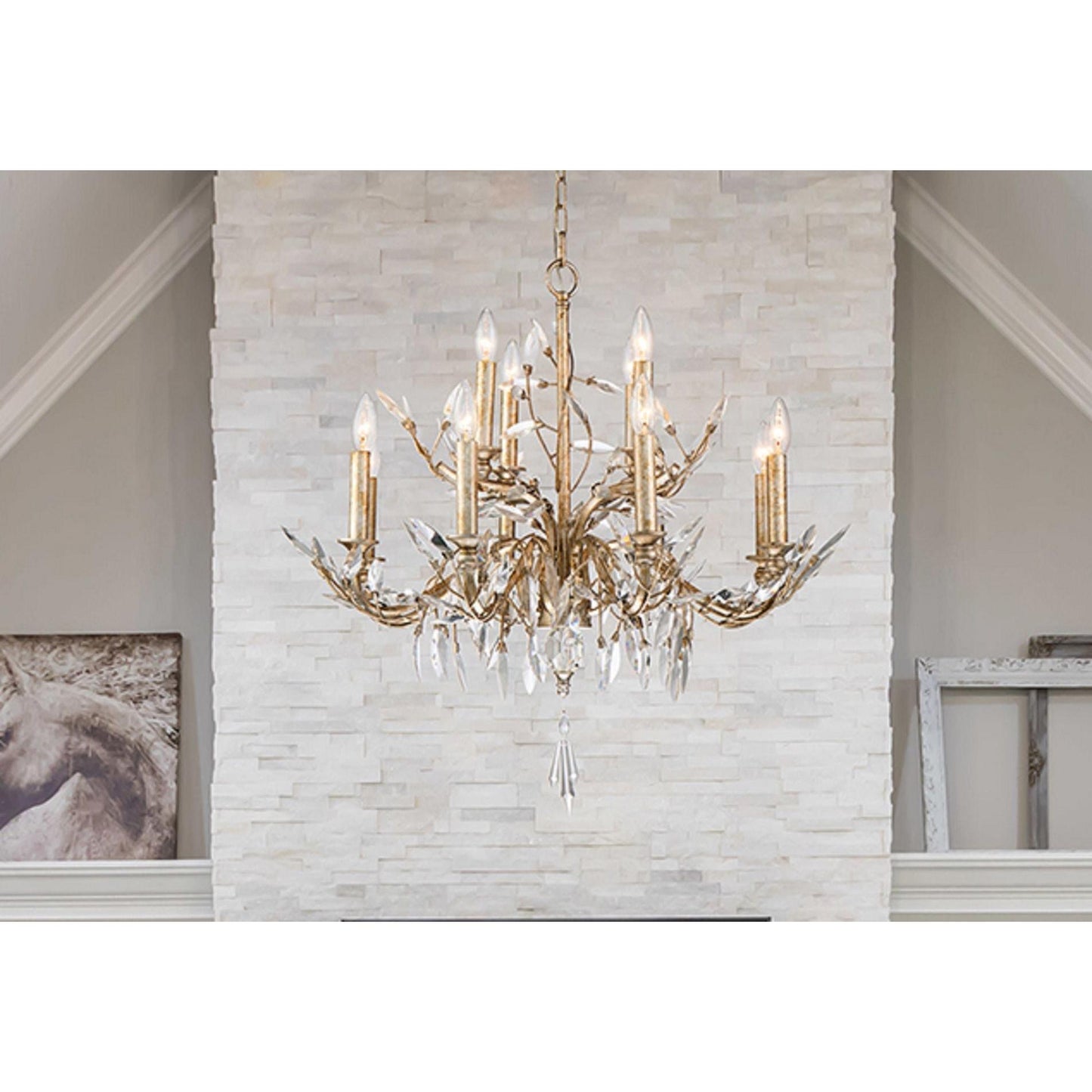 Lucas & McKearn Alsace 12-Light Antique Glaze Silver Metallic Chandelier With Flower Inspired Crystal Accent