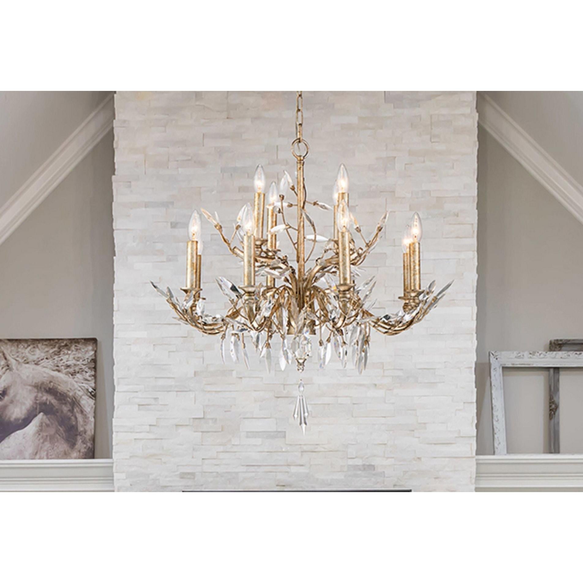 Lucas & McKearn Alsace 12-Light Antique Glaze Silver Metallic Chandelier With Flower Inspired Crystal Accent